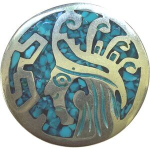 Vintage Mexican Sterling Silver & Turquoise Inlay Aztec Round Brooch Pendant